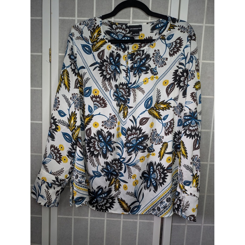 Liz Claiborne Womens Blouse Large Floral Long Sleeve Lightweight Keyhole Button